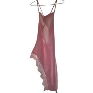 NEW PINK SLIP DRESS SATIN BACKLESS ASYMMETRICAL LACE SIDE TRIMMING MIDI LENGTH